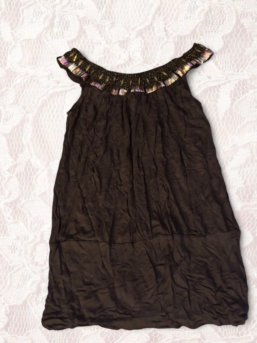 Brown boho Tank with Iridescent Beaded Collar